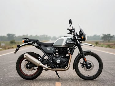 Royal Enfield Himalayan 411 in profile on open tarmac, overcast diffused light, knobby tires and pannier mounts visible, empty road behind, no rider