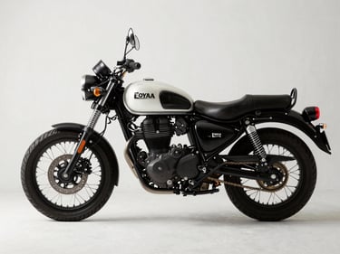 Royal Enfield Meteor 350 in profile against bare white wall, diffused studio light, full frame geometry visible, chain and exhaust detail clear, no rider