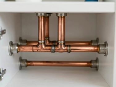 Close-up of copper pipework neatly soldered inside a modern utility closet, clean craftsmanship, bright natural light.