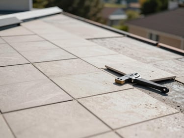 Tight detail shot of clean slate tiles being professionally laid on a residential roof, bright natural daylight.