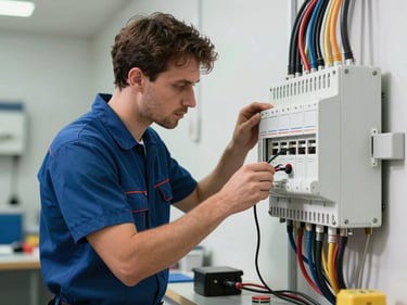 A professional electrician in a clean uniform neatly wiring a modern consumer unit, well-lit workspace.