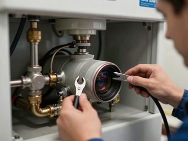 Close-up of a modern boiler unit being serviced by a Gas Safe registered engineer, clean tools visible.