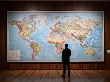 Wide-angle archival map room interior, large geopolitical wall map illuminated by cool diffused gallery light, dark wood panelling, a male silhouette standing before the map studying it from a distance
