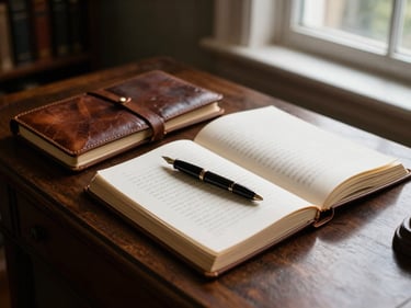 Antique writing desk under cool library window light, leather-bound notebooks open, fountain pen resting on manuscript pages, dark scholarly atmosphere, no people visible