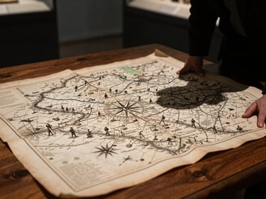 Close-up of an antique battlefield map spread on a dark oak table under cool museum light, compass rose visible, worn paper edges, male silhouette in shadow leaning over the map from the right