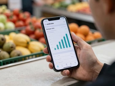 Android phone screen displaying a budgeting app with simple bar charts, held over a market counter, ambient daylight, over-the-shoulder framing, blurred produce stall in background