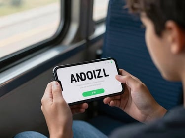 Android phone screen showing a quiz game interface with bold typography and minimal graphics, held by a teenager on a bus seat, natural window light from the left, candid angle