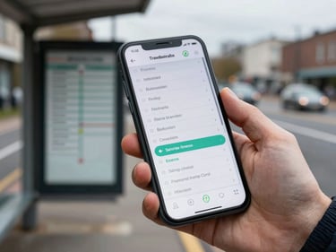 Android phone screen with a transit schedule app showing bus routes in clean list view, user's hand holding the device at a bus stop, overcast daylight, candid street framing