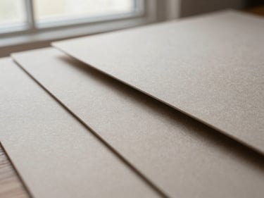 Close-up of tactile premium paper stocks and embossed cardboards, soft natural window light, muted neutral tones