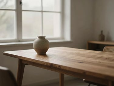 Serene empty design studio with a wooden table, a ceramic vase, and soft diffused light filtering through a window