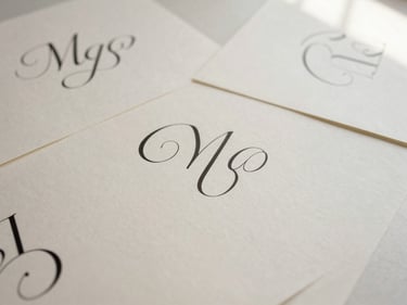 Overhead flat lay of minimalist typography sketches, elegant serif lettering on ivory paper, soft shadows