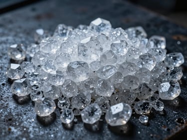 Macro shot of crystalline, translucent quartz chunks, sparkling on a dark, industrial surface, with cool lighting