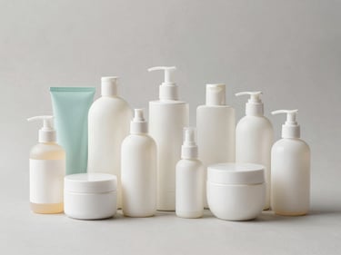 Neatly arranged health and beauty products (bottles, creams, toiletries) on a neutral background, bright studio lighting.