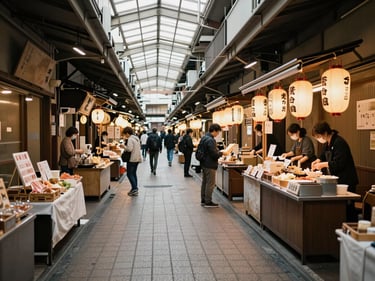Wide shot of a narrow covered market alley in Osaka, food stalls with hanging lanterns to the right, a few shoppers browsing in natural overcast daylight, textured tiled floor, documentary framing