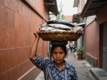 Close-up of a narrow Makassar alley, terracotta-tiled walls, a woman carrying a basket of fish on her head, natural morning light, documentary street photography, no saturation push