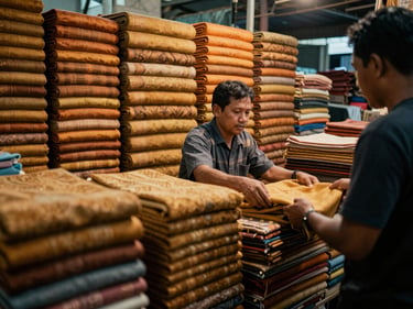 Medium shot of a Bandung textile market interior, bolts of fabric stacked floor to ceiling in warm amber and ochre tones, a vendor handing fabric to a customer, indoor ambient light, documentary photography