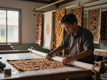 Medium shot inside a Yogyakarta batik workshop, bolts of cloth hanging from ceiling rack, artisan's hands adjusting fabric on a long table, natural window light from the left, warm tones, no staging