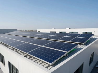 Array of solar panels on a commercial building roof, clean installation, clear sky. Crisp architectural daylight, solar-green accents, high-contrast.