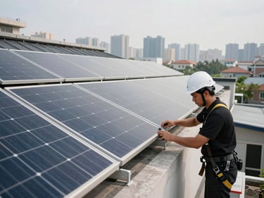 Angled wide shot of a rooftop solar panel array being installed on a residential building, technician in black polo and white hard hat adjusting a panel frame, city skyline in soft background, overcast daylight, safety harness visible