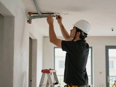 Medium shot of a technician in black polo and white hard hat mounting conduit on the ceiling of a residential building hallway, tools on a nearby ladder, clean organized workspace, practical site lighting from above