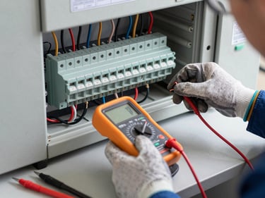 Close-up documentary shot of a technician's gloved hands using a multimeter on a residential building substation terminal block, organized labeled wiring visible, practical fluorescent lighting, tools laid on a clean surface nearby