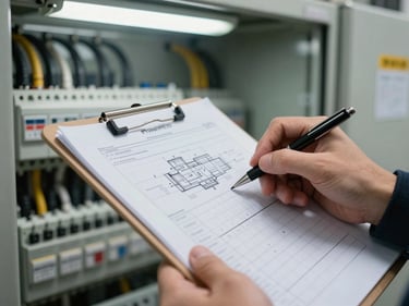 Close-up of engineering technical drawings and inspection checklist on a clipboard resting on an electrical panel cover, pen in hand mid-notation, mechanical room background with organized cable trays, fluorescent overhead light