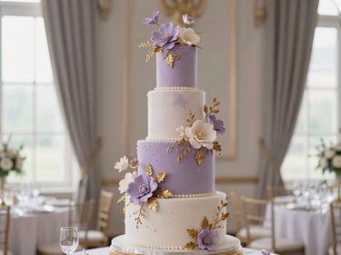 A grand multi-tiered luxury wedding cake with detailed sugar flowers, elegant indoor reception setting, soft background.