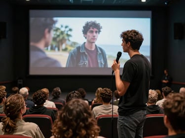 Candid wide shot of a festival Q&A — a young filmmaker at a standing microphone facing a lit screen showing a final frame from their film, audience rows visible in theater darkness behind