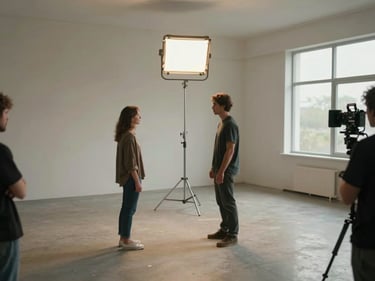 Wide shot of a sparse film set — a single practical lamp illuminating two actors mid-scene in a bare room, crew members barely visible at frame edges, natural overcast daylight through a window