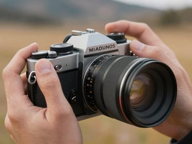 Close-up of hands operating a film camera with a macro lens, shallow depth of field, textured metal body in sharp focus, background of a Colorado exterior blurred warm amber