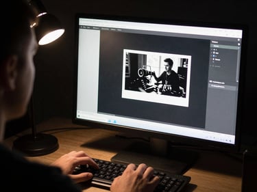 Over-the-shoulder close-up of a filmmaker reviewing a high-contrast black-and-white frame on a monitor in a dark edit suite, hands resting on keyboard, single lamp light source casting sharp shadows