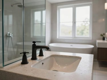 Wide environmental shot of a complete bathroom installation, matte faucet set on a stone countertop basin, frameless glass shower screen to the left, freestanding tub in background, north-facing daylight, no people