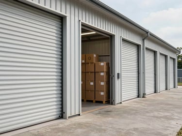 Wide exterior shot of a clean storage facility corridor, roll-up unit doors in a row under natural daylight, concrete floor, one door open showing neatly stacked boxes inside
