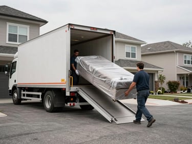 Wide shot of a moving truck backed up to a residential building entrance, ramp fully lowered, two crew members carrying a wrapped sofa down the ramp under overcast daylight, neutral grey asphalt foreground