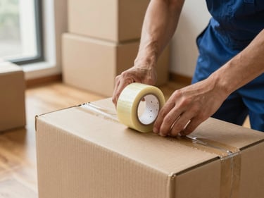 Close-up detail of a crew member applying packing tape to a sealed cardboard box on a wooden floor, natural window light from the left, stacked boxes visible in the background