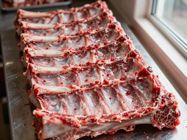 Overhead close-up of bone-in short ribs arranged flat on a butcher counter, rich red color and clear bone structure, warm natural window light from the right, no styling or garnish