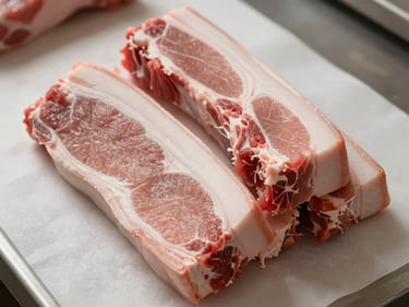 Close-up overhead of pork shoulder cuts stacked on a white butcher paper on a counter, visible fat cap, soft natural daylight from above, warm and honest, no plate or garnish