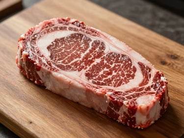 Close-up overhead shot of a thick ribeye steak on a wooden counter, visible marbling throughout the cut, natural daylight from the left, slightly warm tone, no props