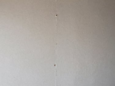 Side-by-side close-up of drywall surface — left half showing a patched and sanded repair scar, right half freshly primed and smooth, harsh raking light revealing texture difference