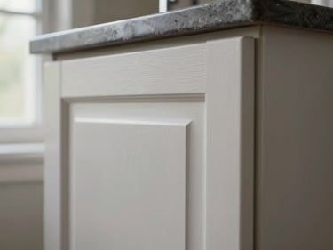 Extreme close-up of kitchen cabinet door face after refinishing, smooth painted surface showing clean panel edges and sharp corner detail, natural daylight from a nearby window