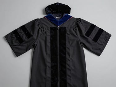 Overhead flat-lay of a Doctoral academic gown on a light grey surface, black fabric with velvet trim and full hood spread open, studio daylight, close seam texture