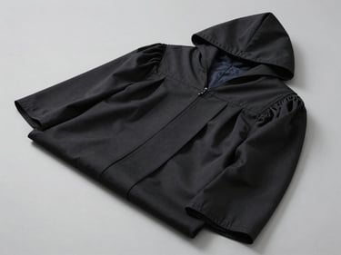 Overhead flat-lay of a Licence-level academic gown folded neatly on a light grey surface, black fabric, hood visible, studio daylight, sharp detail