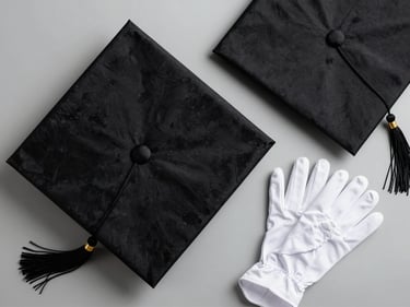 Overhead flat-lay of academic accessories arranged on a light grey surface: mortarboard cap, hood, tassel, and white gloves, studio daylight, clean editorial composition
