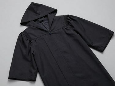 Overhead flat-lay of a Master-level academic gown folded on a light grey surface, black fabric with wider hood displayed open, studio daylight, crisp seam detail