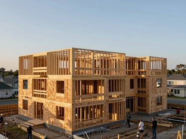 Mid-range golden-hour site photograph, multi-unit residential construction at framing stage, wood stud walls and floor deck visible, crew scale showing building height, suburban lot context in background