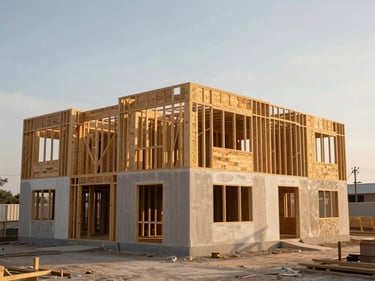 Mid-range shot of a multi-unit residential structure at framing and drywall stage, lumber skeleton exposed, overcast golden-hour site light, wide enough to show full building footprint and lot context