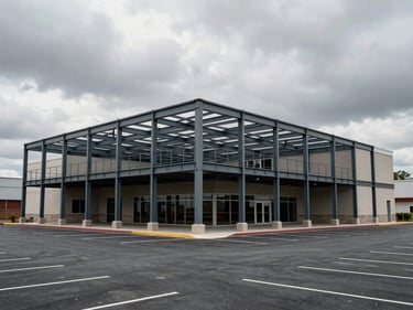 Wide environmental overcast daylight, commercial building exterior at occupancy-ready stage, structural steel frame and masonry facade visible, parking lot foreground showing site scale