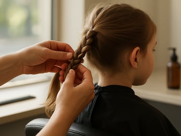 Close-up of hands parting and braiding a child's hair on a salon chair, natural north-facing daylight through a large window, fine-tooth comb and product visible on the counter, warm and precise