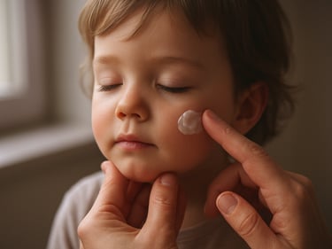 Gentle application of a product to a child's face, soft natural window light, parent's hand lightly steadying the child's chin, calm and deliberate, warm tones with a lavender undertone in the light