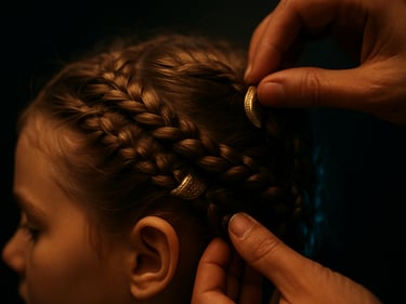 Overhead close-up of a stylist's hands arranging a child's elaborately braided hair under warm studio strobe light, gold accessories being placed, dark background, teal light accent on the hair texture